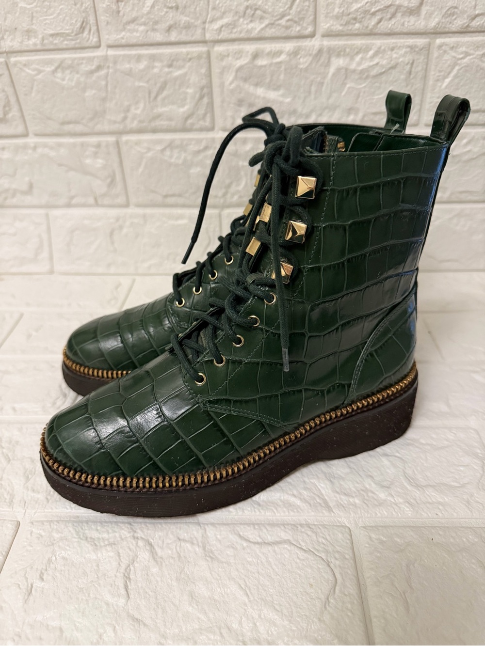 Women's Dark Green Croc-Embossed Lace-Up Haskell combat Boots